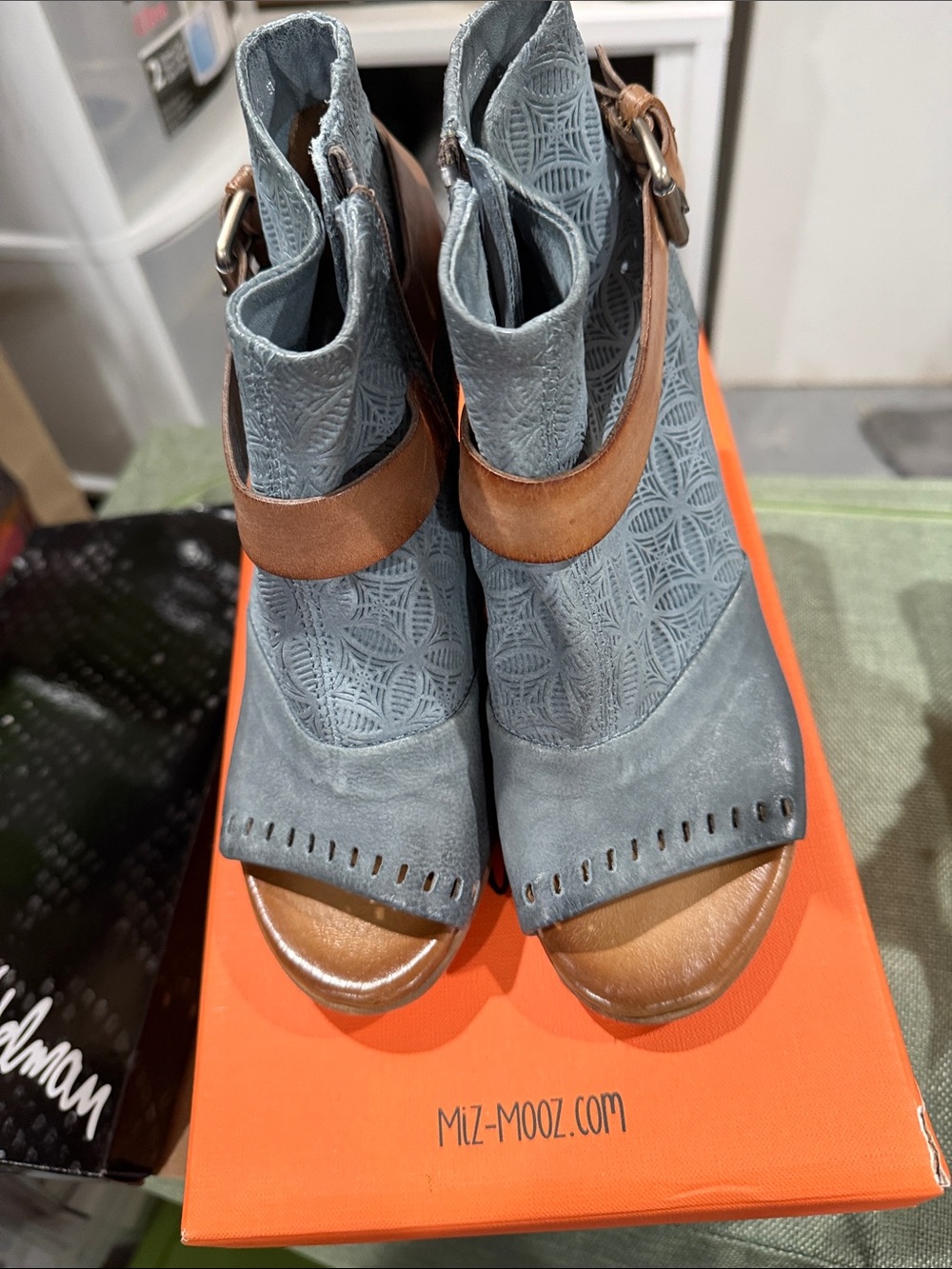 Miz Mooz Slate Blue Suede Peep-Toe Ankle Booties with Brown Strap